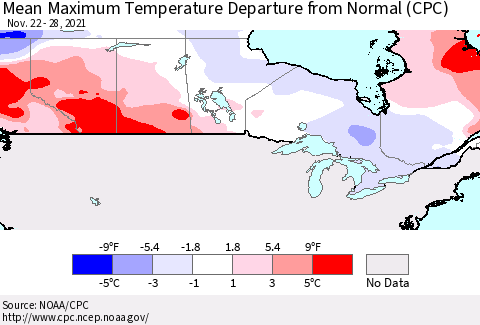 Canada Mean Maximum Temperature Departure from Normal (CPC) Thematic Map For 11/22/2021 - 11/28/2021