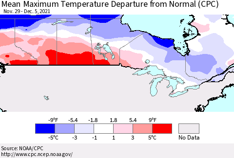 Canada Mean Maximum Temperature Departure from Normal (CPC) Thematic Map For 11/29/2021 - 12/5/2021