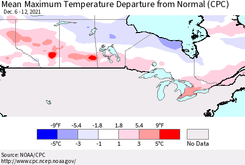 Canada Mean Maximum Temperature Departure from Normal (CPC) Thematic Map For 12/6/2021 - 12/12/2021