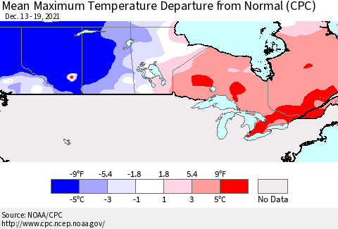 Canada Mean Maximum Temperature Departure from Normal (CPC) Thematic Map For 12/13/2021 - 12/19/2021