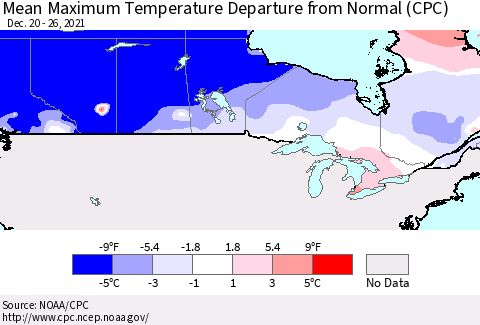 Canada Mean Maximum Temperature Departure from Normal (CPC) Thematic Map For 12/20/2021 - 12/26/2021