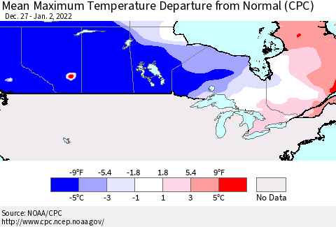 Canada Mean Maximum Temperature Departure from Normal (CPC) Thematic Map For 12/27/2021 - 1/2/2022