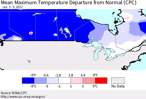 Canada Mean Maximum Temperature Departure from Normal (CPC) Thematic Map For 1/3/2022 - 1/9/2022