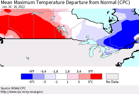 Canada Mean Maximum Temperature Departure from Normal (CPC) Thematic Map For 1/10/2022 - 1/16/2022