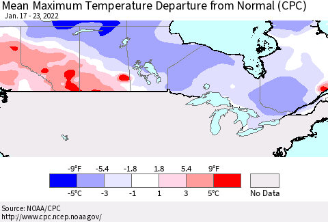 Canada Mean Maximum Temperature Departure from Normal (CPC) Thematic Map For 1/17/2022 - 1/23/2022