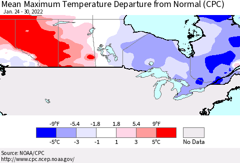 Canada Mean Maximum Temperature Departure from Normal (CPC) Thematic Map For 1/24/2022 - 1/30/2022