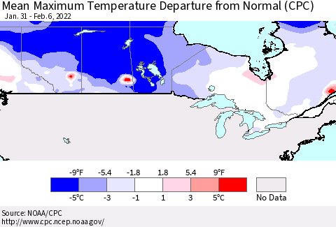 Canada Mean Maximum Temperature Departure from Normal (CPC) Thematic Map For 1/31/2022 - 2/6/2022