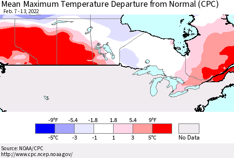 Canada Mean Maximum Temperature Departure from Normal (CPC) Thematic Map For 2/7/2022 - 2/13/2022
