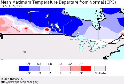 Canada Mean Maximum Temperature Departure from Normal (CPC) Thematic Map For 2/14/2022 - 2/20/2022
