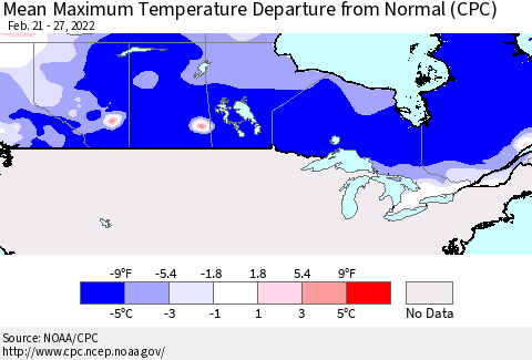 Canada Mean Maximum Temperature Departure from Normal (CPC) Thematic Map For 2/21/2022 - 2/27/2022