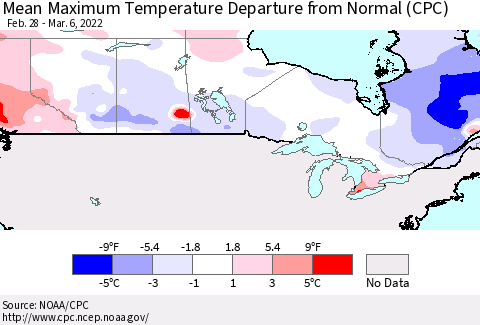 Canada Mean Maximum Temperature Departure from Normal (CPC) Thematic Map For 2/28/2022 - 3/6/2022