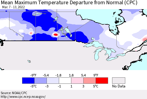 Canada Mean Maximum Temperature Departure from Normal (CPC) Thematic Map For 3/7/2022 - 3/13/2022