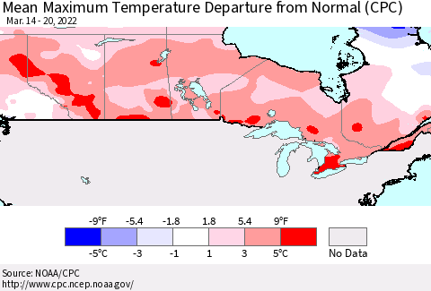 Canada Mean Maximum Temperature Departure from Normal (CPC) Thematic Map For 3/14/2022 - 3/20/2022