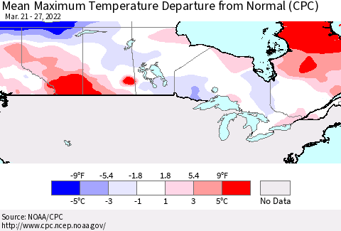 Canada Mean Maximum Temperature Departure from Normal (CPC) Thematic Map For 3/21/2022 - 3/27/2022