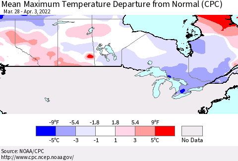 Canada Mean Maximum Temperature Departure from Normal (CPC) Thematic Map For 3/28/2022 - 4/3/2022