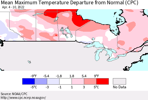 Canada Mean Maximum Temperature Departure from Normal (CPC) Thematic Map For 4/4/2022 - 4/10/2022