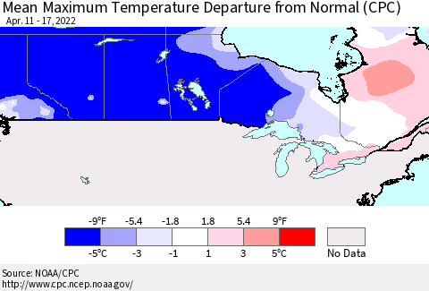 Canada Mean Maximum Temperature Departure from Normal (CPC) Thematic Map For 4/11/2022 - 4/17/2022
