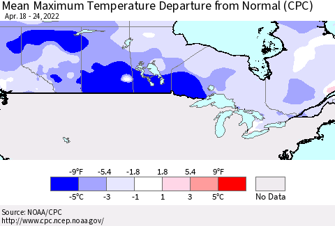 Canada Mean Maximum Temperature Departure from Normal (CPC) Thematic Map For 4/18/2022 - 4/24/2022