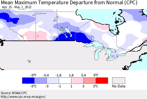 Canada Mean Maximum Temperature Departure from Normal (CPC) Thematic Map For 4/25/2022 - 5/1/2022