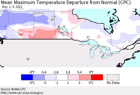 Canada Mean Maximum Temperature Departure from Normal (CPC) Thematic Map For 5/2/2022 - 5/8/2022