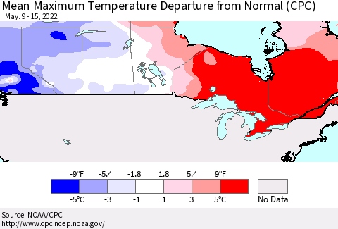 Canada Mean Maximum Temperature Departure from Normal (CPC) Thematic Map For 5/9/2022 - 5/15/2022