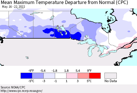 Canada Mean Maximum Temperature Departure from Normal (CPC) Thematic Map For 5/16/2022 - 5/22/2022
