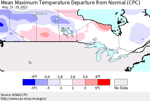 Canada Mean Maximum Temperature Departure from Normal (CPC) Thematic Map For 5/23/2022 - 5/29/2022