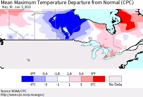 Canada Mean Maximum Temperature Departure from Normal (CPC) Thematic Map For 5/30/2022 - 6/5/2022