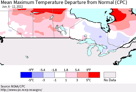 Canada Mean Maximum Temperature Departure from Normal (CPC) Thematic Map For 6/6/2022 - 6/12/2022