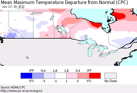 Canada Mean Maximum Temperature Departure from Normal (CPC) Thematic Map For 6/13/2022 - 6/19/2022