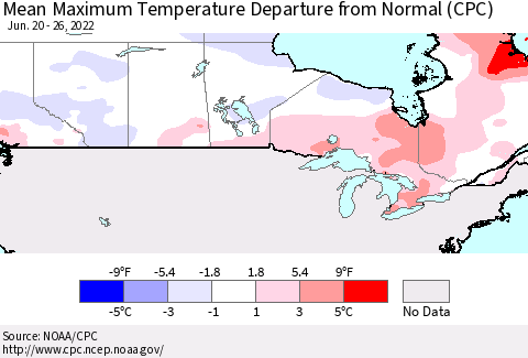 Canada Mean Maximum Temperature Departure from Normal (CPC) Thematic Map For 6/20/2022 - 6/26/2022