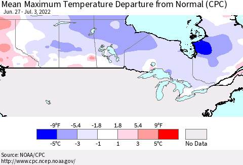 Canada Mean Maximum Temperature Departure from Normal (CPC) Thematic Map For 6/27/2022 - 7/3/2022
