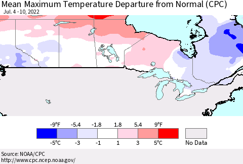 Canada Mean Maximum Temperature Departure from Normal (CPC) Thematic Map For 7/4/2022 - 7/10/2022
