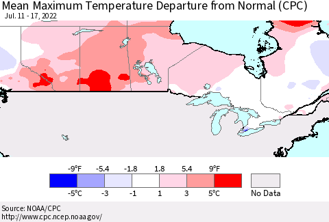 Canada Mean Maximum Temperature Departure from Normal (CPC) Thematic Map For 7/11/2022 - 7/17/2022