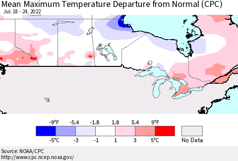 Canada Mean Maximum Temperature Departure from Normal (CPC) Thematic Map For 7/18/2022 - 7/24/2022