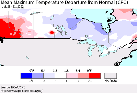 Canada Mean Maximum Temperature Departure from Normal (CPC) Thematic Map For 7/25/2022 - 7/31/2022