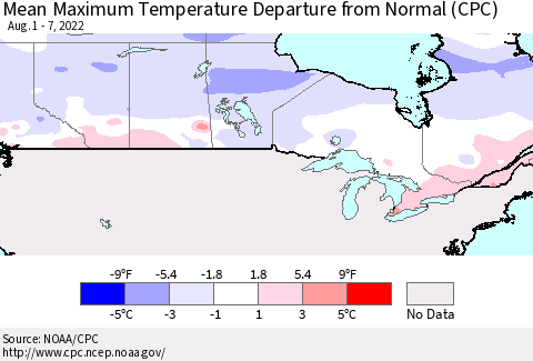 Canada Mean Maximum Temperature Departure from Normal (CPC) Thematic Map For 8/1/2022 - 8/7/2022