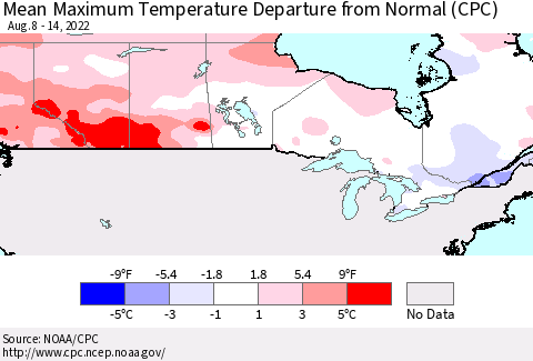 Canada Mean Maximum Temperature Departure from Normal (CPC) Thematic Map For 8/8/2022 - 8/14/2022