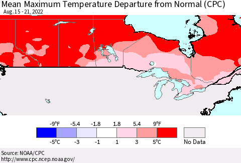 Canada Mean Maximum Temperature Departure from Normal (CPC) Thematic Map For 8/15/2022 - 8/21/2022