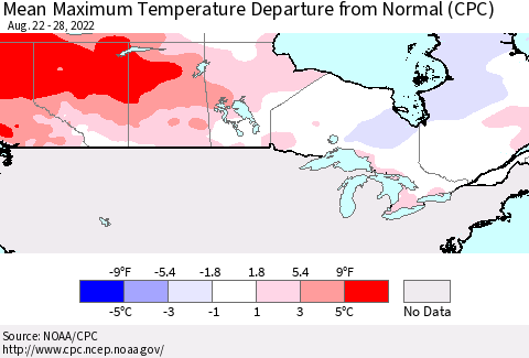 Canada Mean Maximum Temperature Departure from Normal (CPC) Thematic Map For 8/22/2022 - 8/28/2022