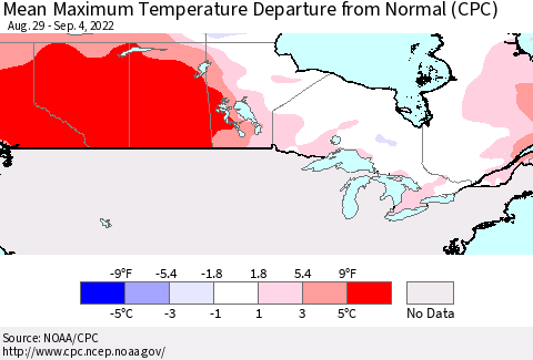 Canada Mean Maximum Temperature Departure from Normal (CPC) Thematic Map For 8/29/2022 - 9/4/2022