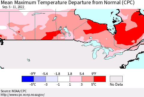 Canada Mean Maximum Temperature Departure from Normal (CPC) Thematic Map For 9/5/2022 - 9/11/2022