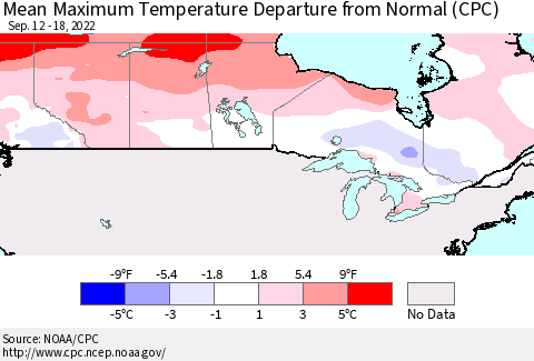 Canada Mean Maximum Temperature Departure from Normal (CPC) Thematic Map For 9/12/2022 - 9/18/2022