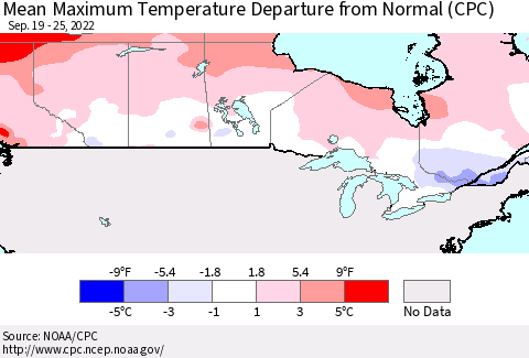 Canada Mean Maximum Temperature Departure from Normal (CPC) Thematic Map For 9/19/2022 - 9/25/2022