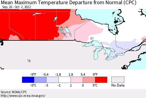 Canada Mean Maximum Temperature Departure from Normal (CPC) Thematic Map For 9/26/2022 - 10/2/2022
