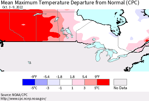 Canada Mean Maximum Temperature Departure from Normal (CPC) Thematic Map For 10/3/2022 - 10/9/2022