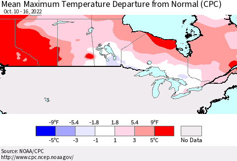Canada Mean Maximum Temperature Departure from Normal (CPC) Thematic Map For 10/10/2022 - 10/16/2022