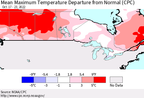 Canada Mean Maximum Temperature Departure from Normal (CPC) Thematic Map For 10/17/2022 - 10/23/2022
