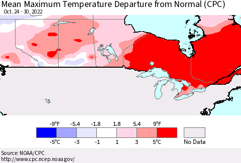 Canada Mean Maximum Temperature Departure from Normal (CPC) Thematic Map For 10/24/2022 - 10/30/2022
