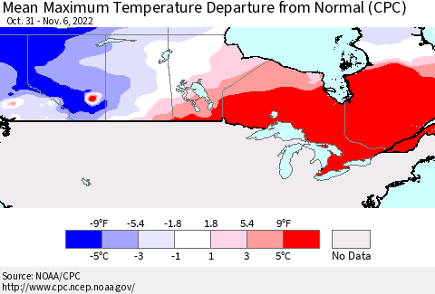Canada Mean Maximum Temperature Departure from Normal (CPC) Thematic Map For 10/31/2022 - 11/6/2022